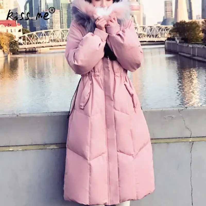 Женский теплый пуховик средней длины однотонное теплое пальто с капюшоном
