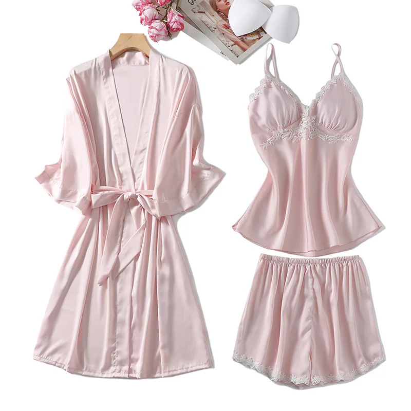 

Комплект пижамный женский атласный из 3 предметов, пикантный халат-кимоно, ночная рубашка, одежда для сна, мягкое интимное нижнее белье, лето