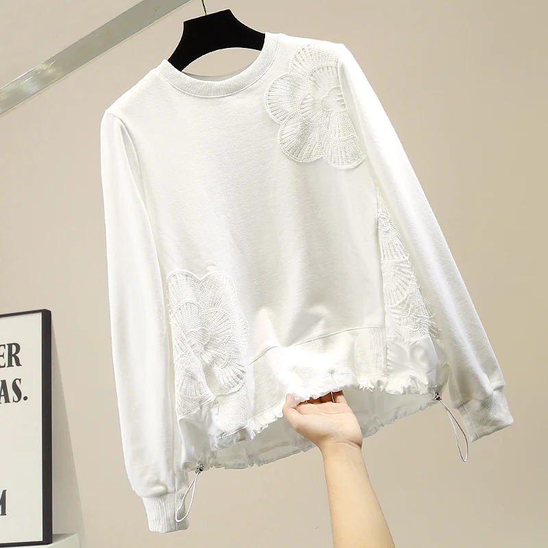 

High Quality Lace Patchwork hoodie sweatshirt Fashion Loose O-neck Women's hoodies Long Sleeve Black White Tops Korean Clothing