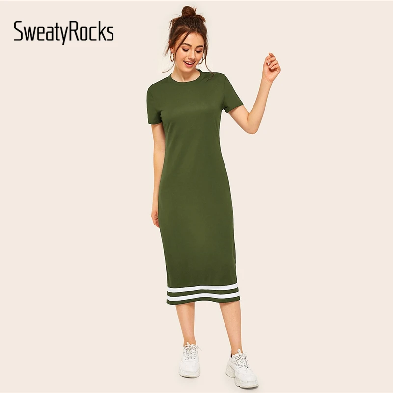 SweatyRocks армейский зеленый полосатый принт футболка миди платье женские облегающие эластичные платья повседневные женские летние прямые платья