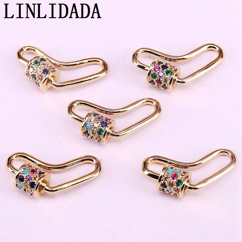 

6Pcs, 9x25mm Rainbow CZ Micro Pave Crystal Zirconia Lock Carabiner Pave heart Shaped Jewelry Necklace Making Findings