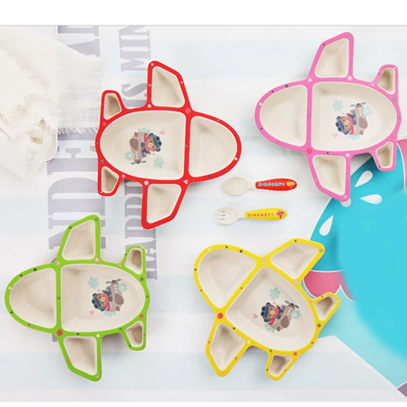 

1 set Aircraft Ceramics Baby Learn Dishes Baby Food Dinner Plates Pallet + fork + spoon Baby tableware