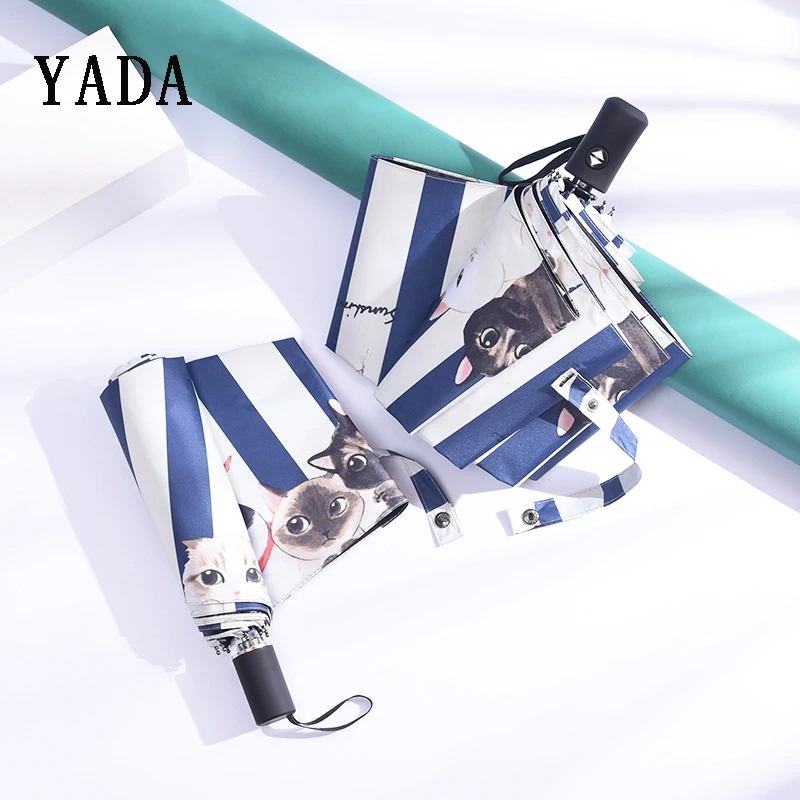 

YADA NEW Design Cartoon Cat Folding Umbrellas Anti-UV Rainproof Stripe Umbrella Sun Protection Rainy Umbrella Parasol YD200007
