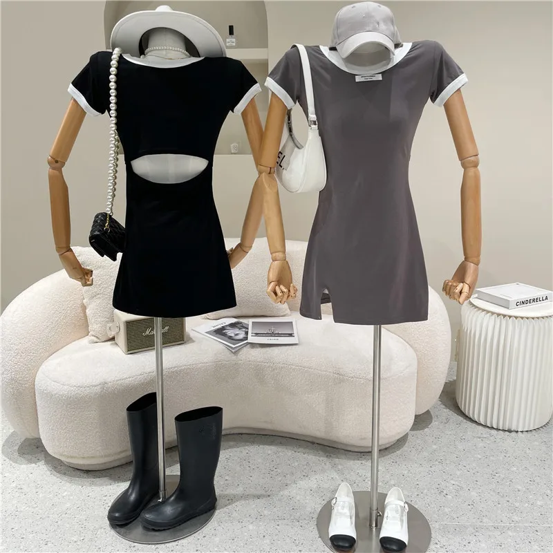 

Women's Spring Summer 2021 Niche Design Fashion Hollow Out Split Contrast Slim Short Sleeve Dress