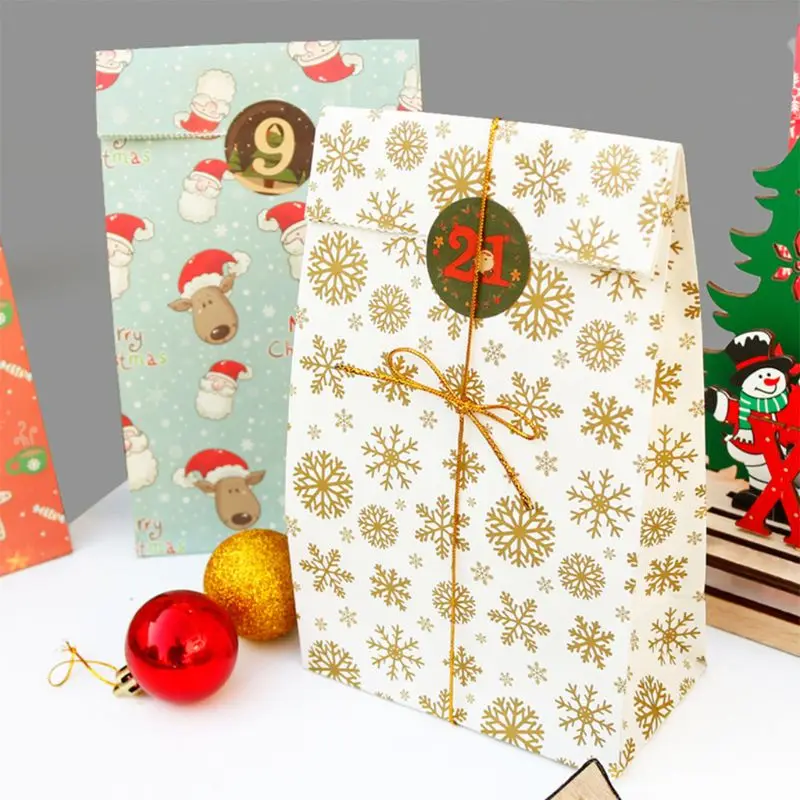 

Christmas Gift Bags with 24 Christmas stickers Reusable Craft Paper Boxes Goodie