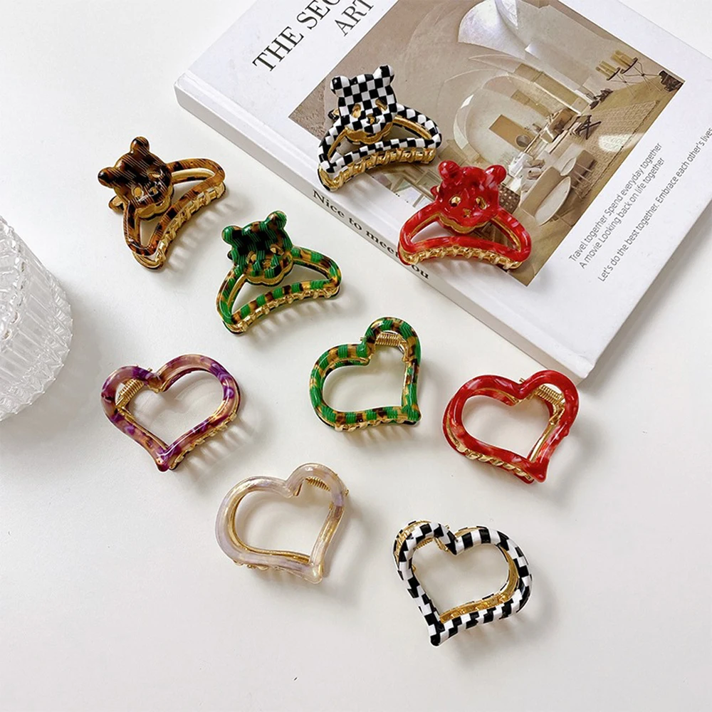 

Korean INS Mini Small Size Hollow Acetate Hair Claw Heart Bear Shape Alloy Hairpin For Woman Girls