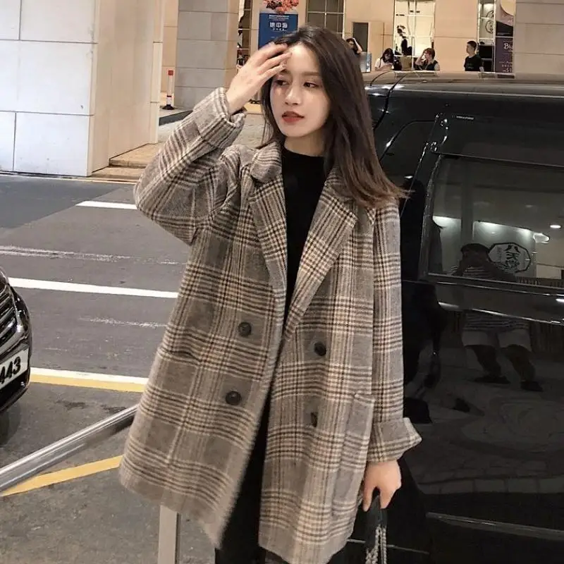 Женская зимняя клетчатая куртка Timis Li винтажная в Корейском стиле с рукавами