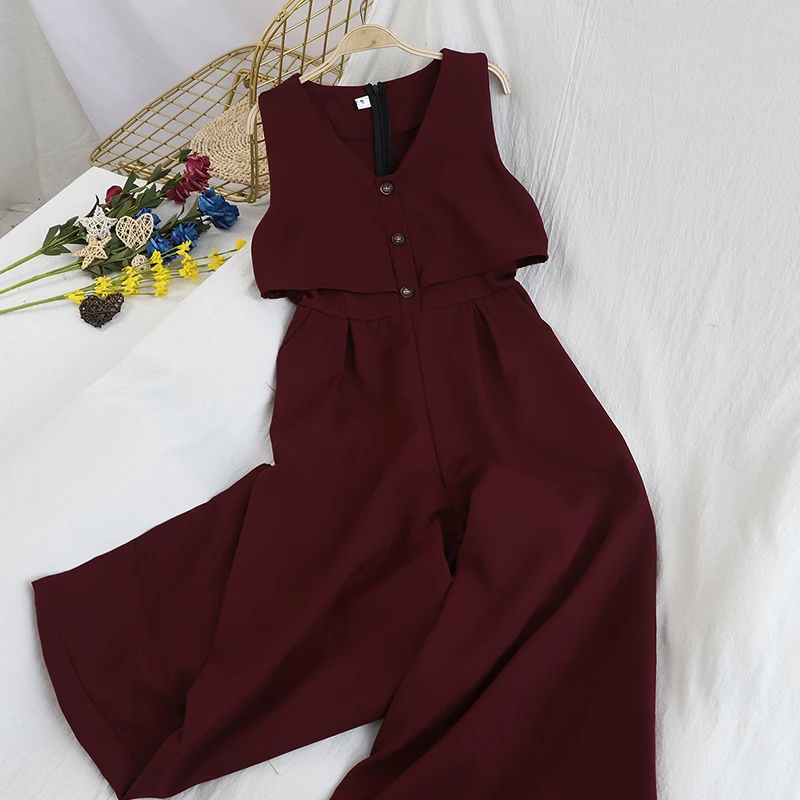 Gagarich Women Fashion Jumpsuit Summer Sleeveless V Neck Button Loose High Waist Wide Leg Pants Rompers Ladies Solid Bodysuit |