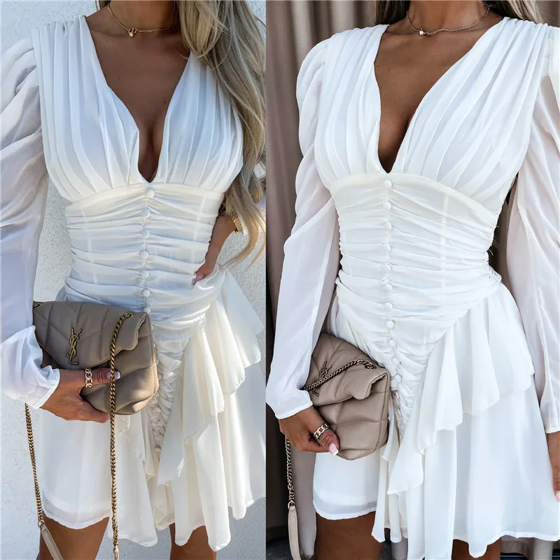 

White Dress 2021 Long Sleeve Mini Dresses for Women Casual Fashion Party Night Club Sexy Dress