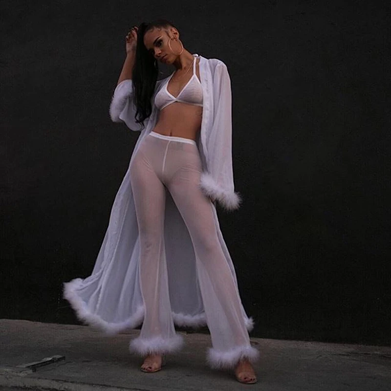 

New Women Sexy Mesh Short Strap Tops+Pants Plush Wide Leg Pants Beach Perspective Clothes Set Suit 2Pcs