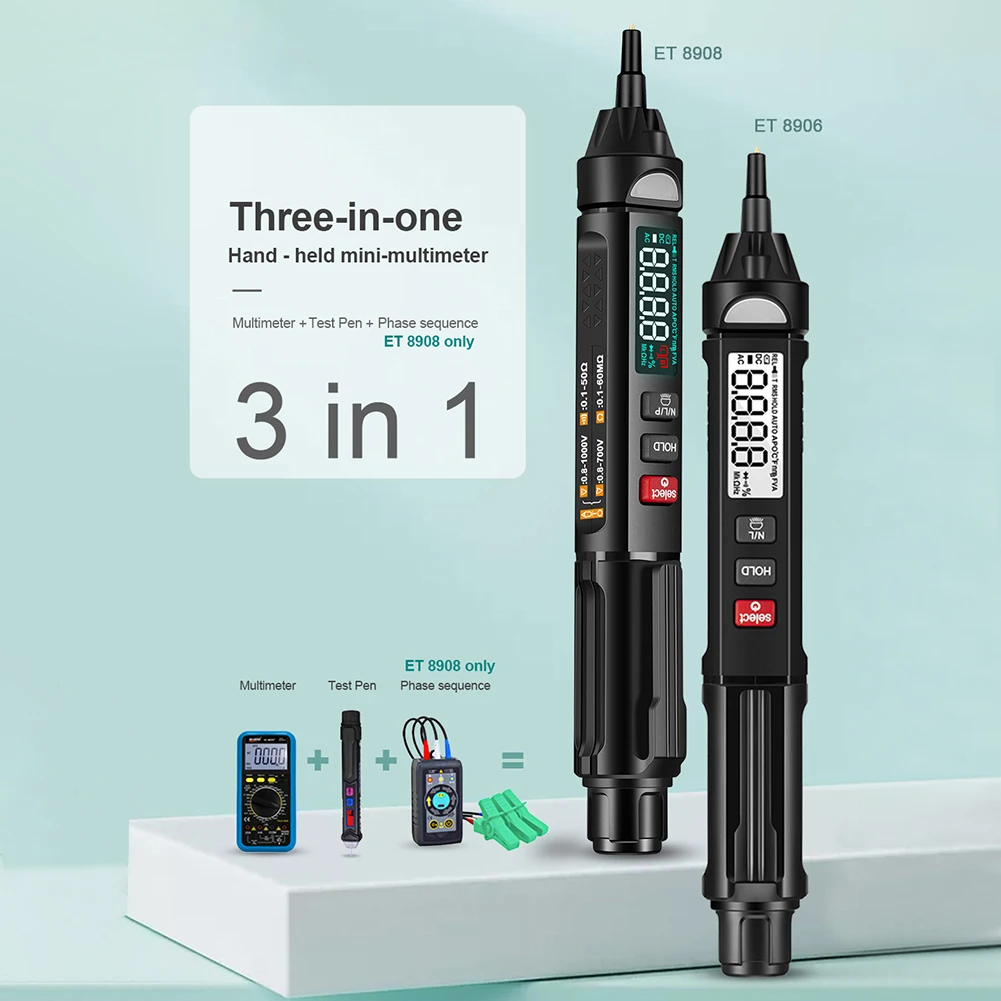 

Professional 3 in 1 Digital Multimeter + Voltage Test Pen + Phase Sequences Meter AC/DC Voltage Resistance Diode Handheld Tester