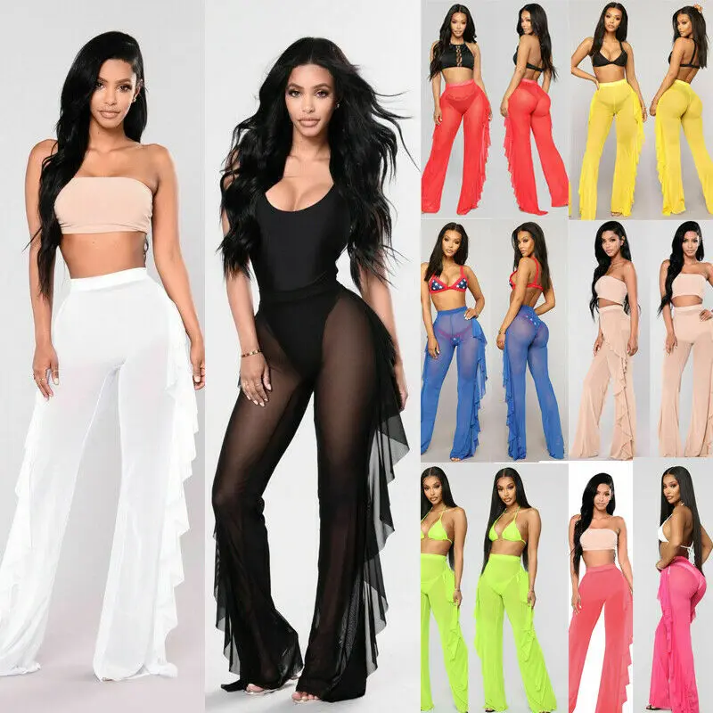 2019 сексуальные женские прозрачные брюки накидка на бикини сетчатые с оборками