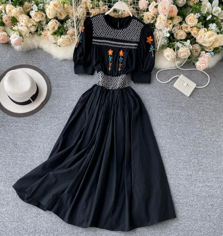 

Women's spring summer runway fashion elastic high waist dress female casual chic embroidery dress TB428