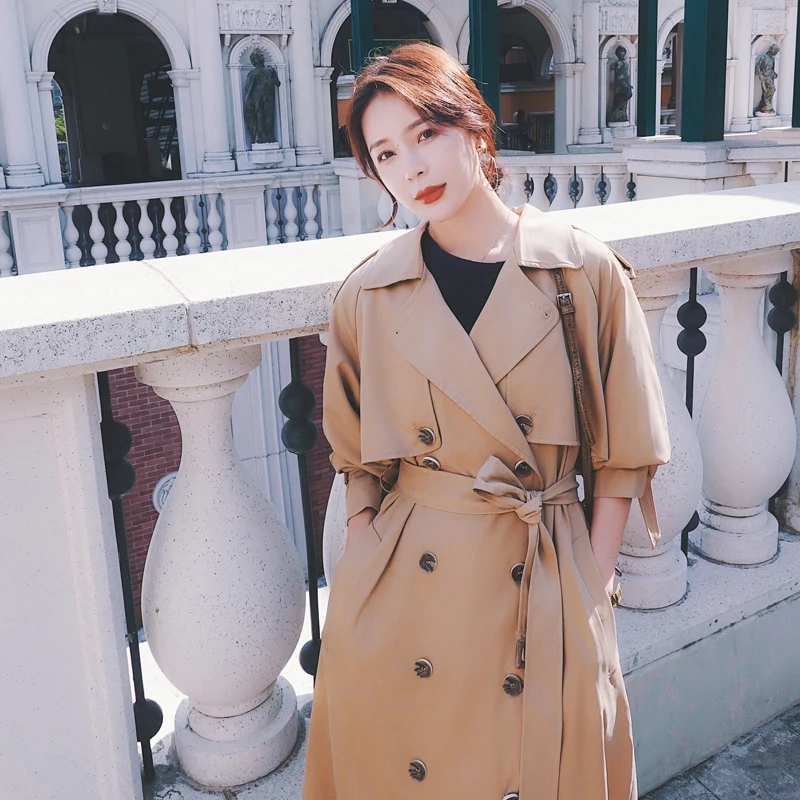 

Elegant Women Trench Coat Dress Double Breasted Long Khaki Lady Cloak Outerwear Spring Fall Oversize Loose Clothing