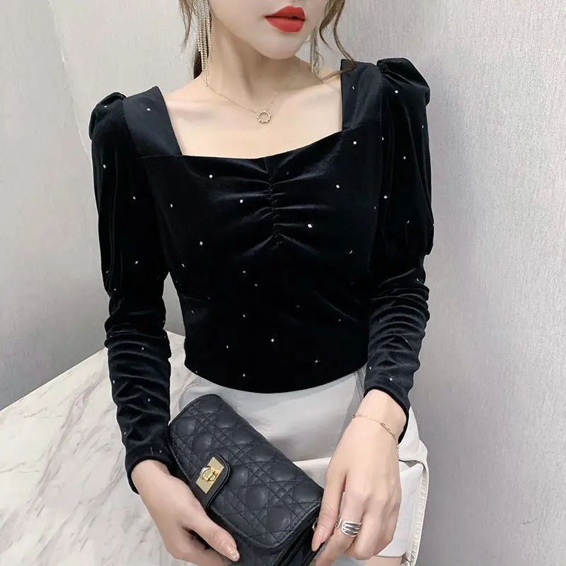 

Blouse Women Top Woman Square-Neck Puff Sleeve Pleuche Long Sleeve Shirts for Women Blusas Ropa De Mujer