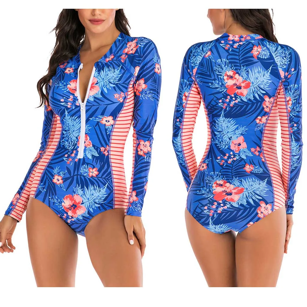 Женский Цельный купальник с принтом в полоску на молнии из кусков купальный