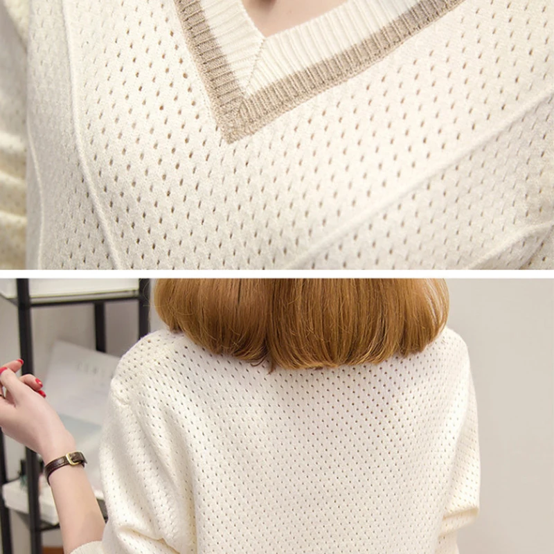 

New Korean Spring Autumn Sweater Women Pullovers Hollow Out Sweaters Ladies Loose Knitted V-neck Patchwork Base Tops Pull Femme