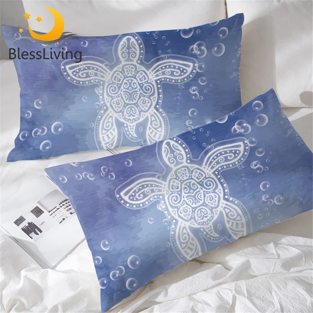 BlessLiving Sea Turtle Pillowcase Blue Watercolor pillow Case Bubbles Marine Style Bedding Natural Pillow Cover 2-piece 50x75cm 1