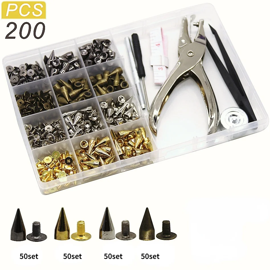 

200 Sets Punk Rivet Screw Back Studs and Spikes Kit with Tools Leather Craft Bullet Cone DIY Gothic Leather Collar Bracelet Cool