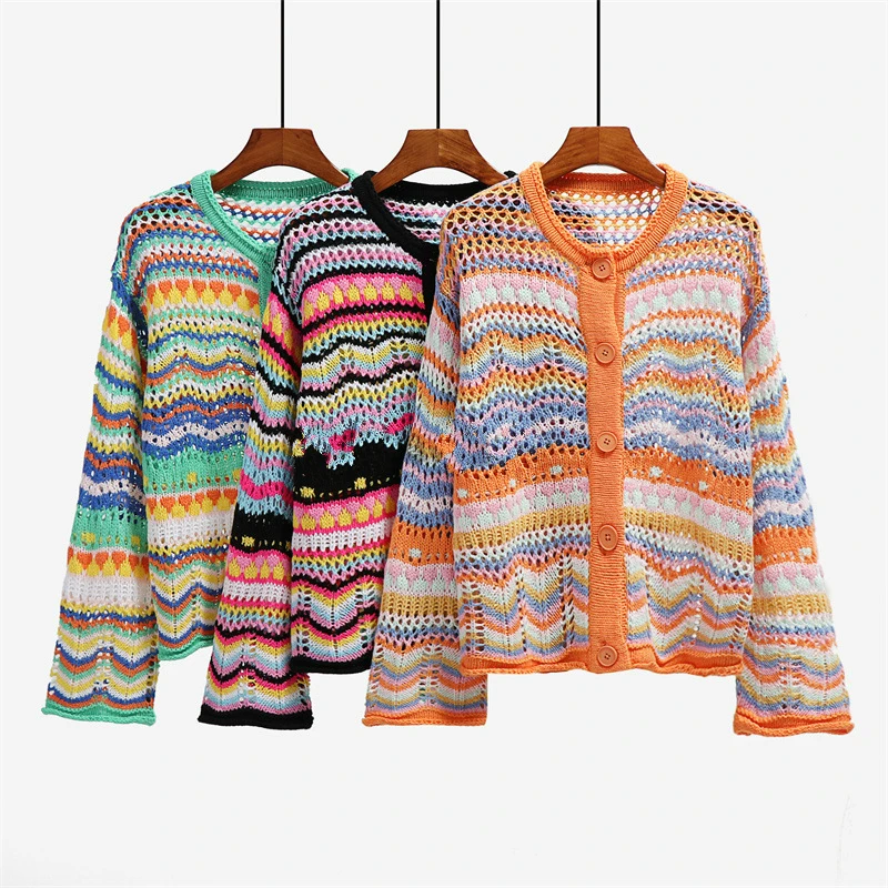 

Женский вязаный кардиган в полоску, повседневный однобортный свитер свободного покроя с длинным рукавом, корейский свитер на осень