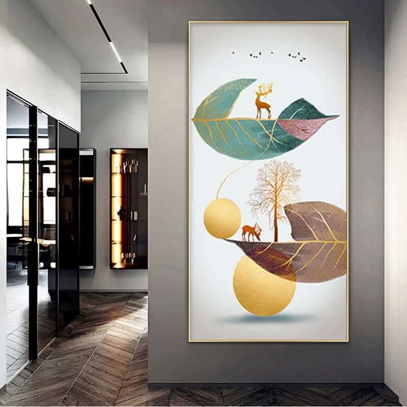 

Nordic Abstract Colorful Feather Golden Yellow Deer Posters Canvas Painting Wall Art for Living Room Home Corridor Decor Cuadros