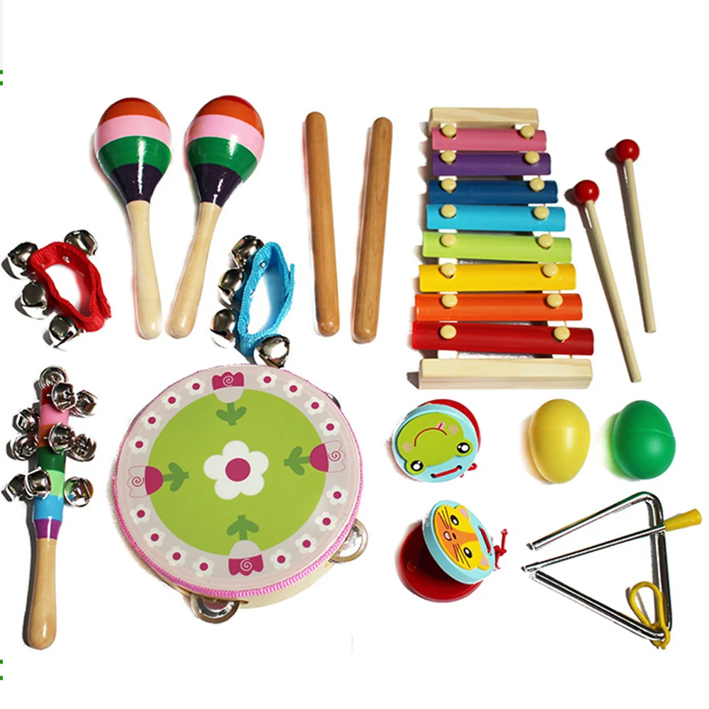 

14pcs Baby Wood Funny Percussion Musical Instrument Toy Teaching Aid Rainbow Bell Colorful Castanet Drum Set Montessori Toy