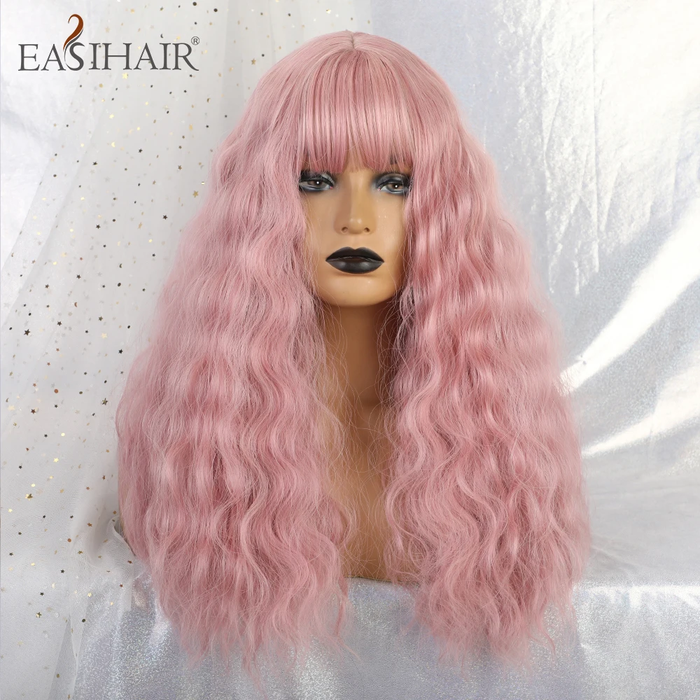 EASIHAIR Длинные розовые парики для косплея с челкой Кудрявые Волнистые