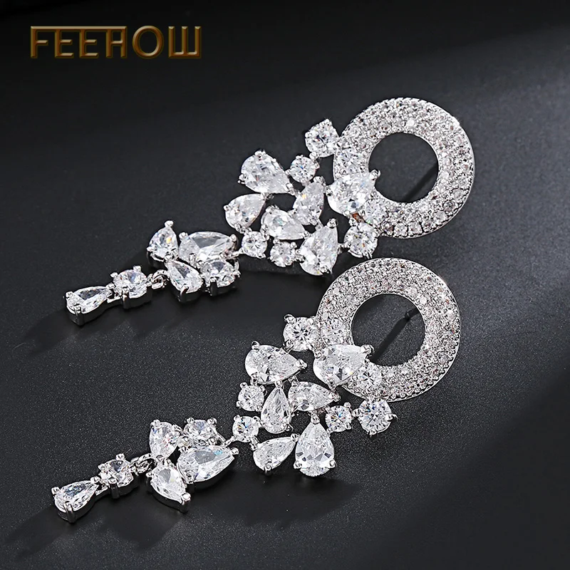 Женские длинные висячие серьги FEEHOW белые капли с зеленым листом свадебные FWEP154|long