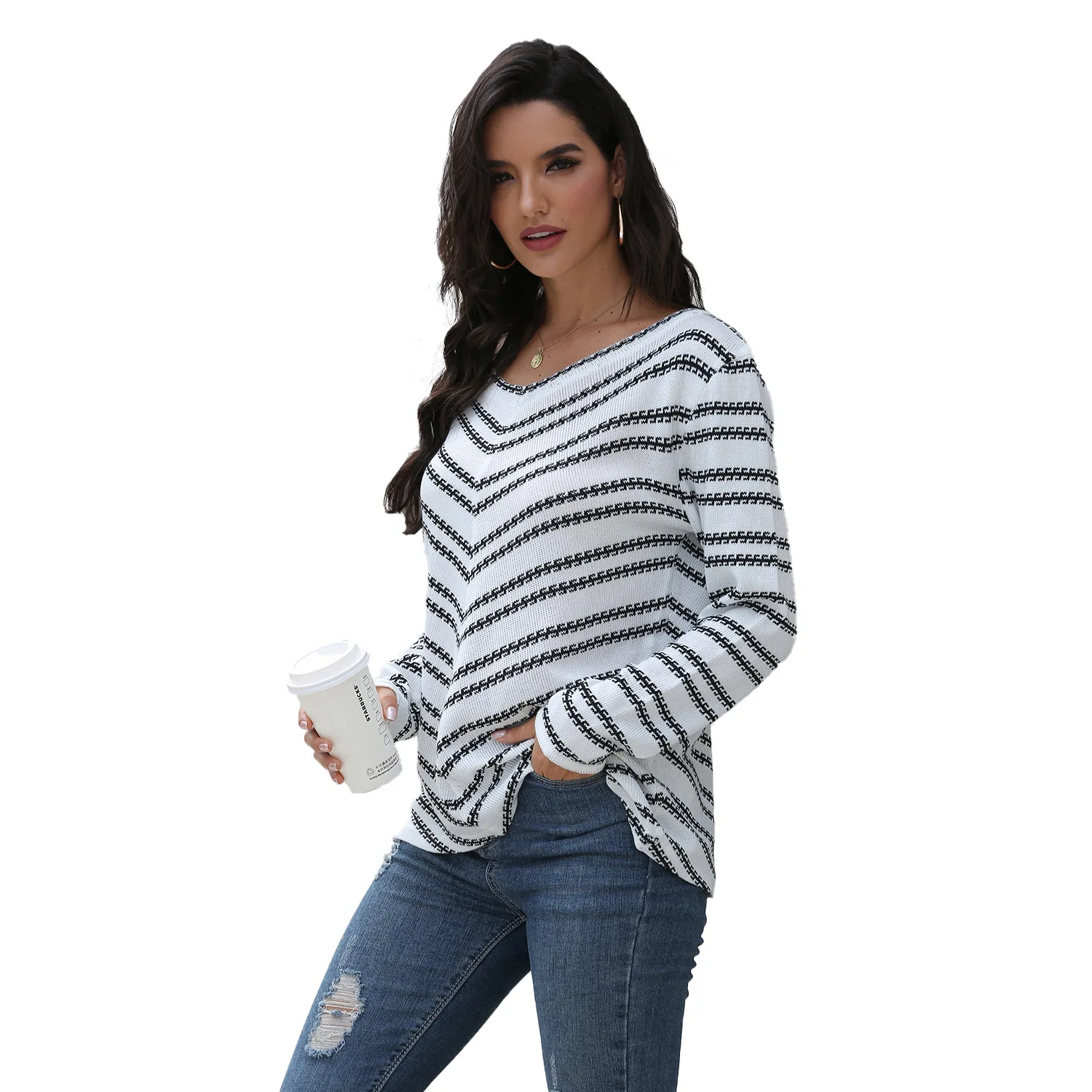 

Female Pullovers Fashion Solid Tops 2020 New Sweater Women's Autumn and Winter V-neck Loose Long Striped Slim Knitted Sweater