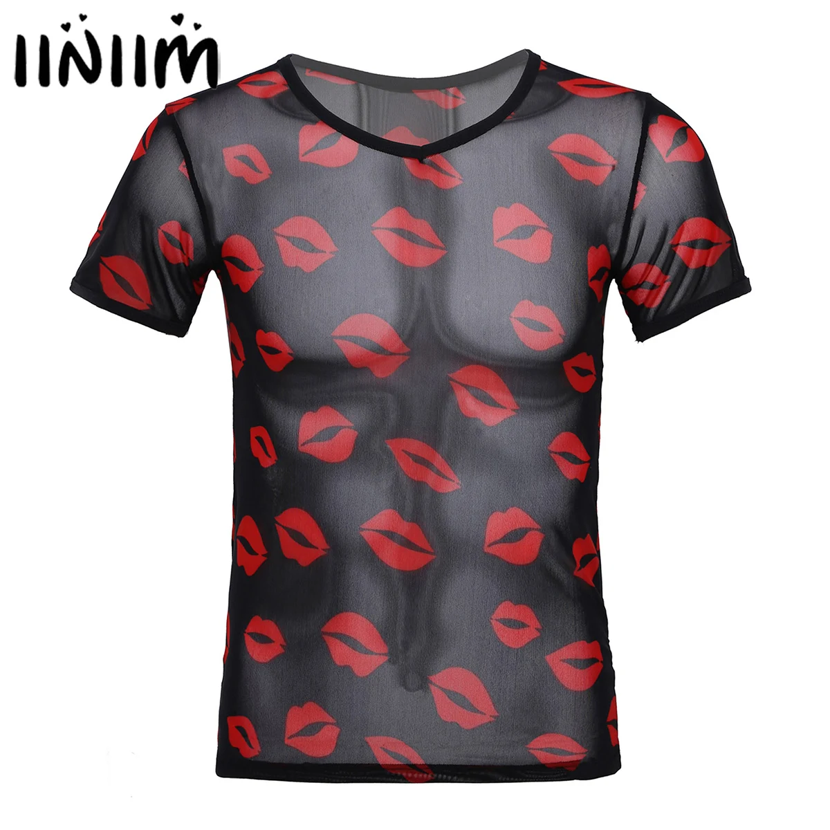 

MSemis Male Men Sexy Lip Print See-through Mesh T-shirt V Neck Short Sleeve Sheer Tops Nightclub Stage Show Summer Costume