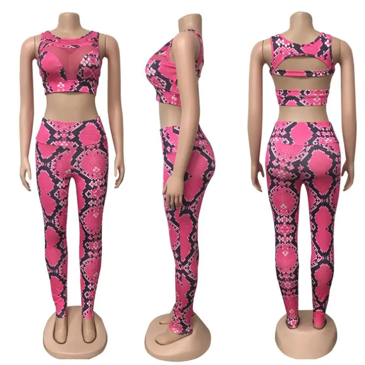 

Stylish Snakeskin Print Mesh Splice Top And Pants Sexy Skinny 2 Pcs Track Suit Outfits Two Piece Set Women Clothing Tracksuit