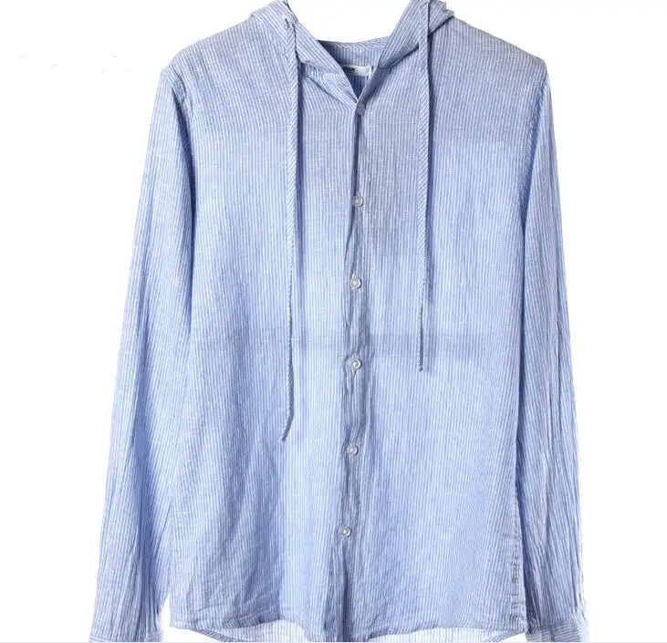 Мужская рубашка с капюшоном льняная Тонкая блузка длинным рукавом Весенняя