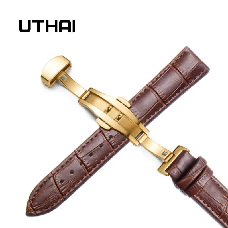 Gold-brown UTHAI Z09 Plus Ремешки для наручных часов из натуральной кожи 12-24 мм Универсальные часы с бабочкой и пряжкой стальной ремешок с пряжкой 22 мм ремешок для наручных часов - Цвет ремешка: Gold-brown