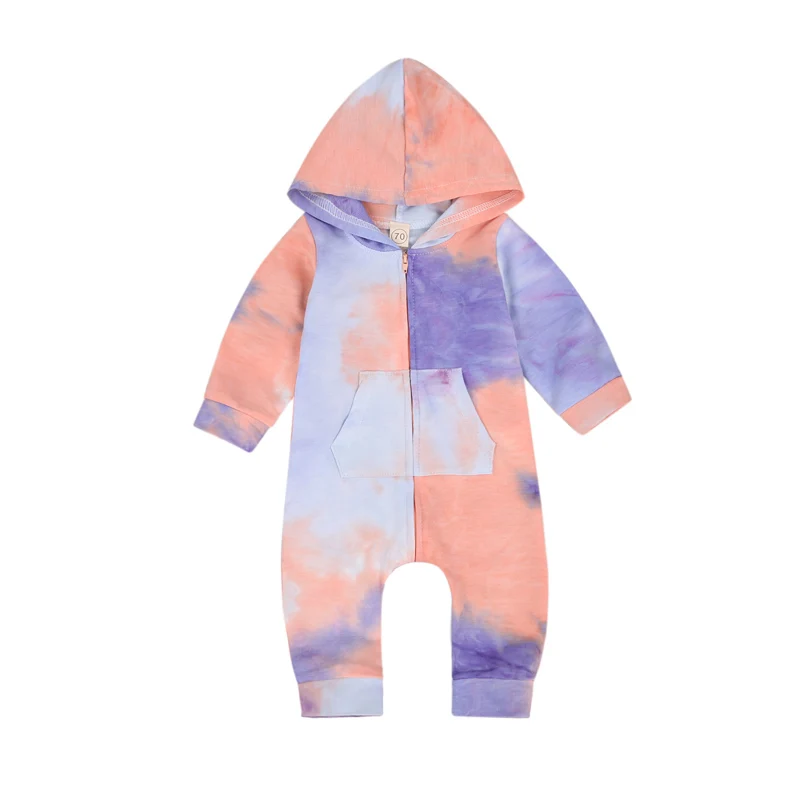 

Pudcoco Baby Romper Tie Dye Printed Front Zipper Pocket Decorated Hooded Collar Full Length Regular Sleeve Clothing