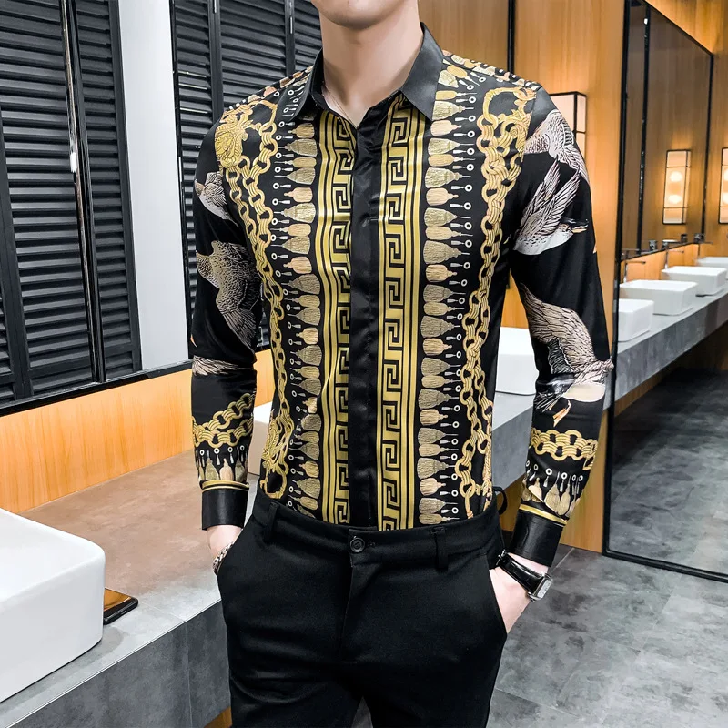 

Brand Luxury Print Shirts for Men Slim Fit Streetwear Dress Shirt Long Sleeve Vintage Casual Social Male Clothing Chemise Homme