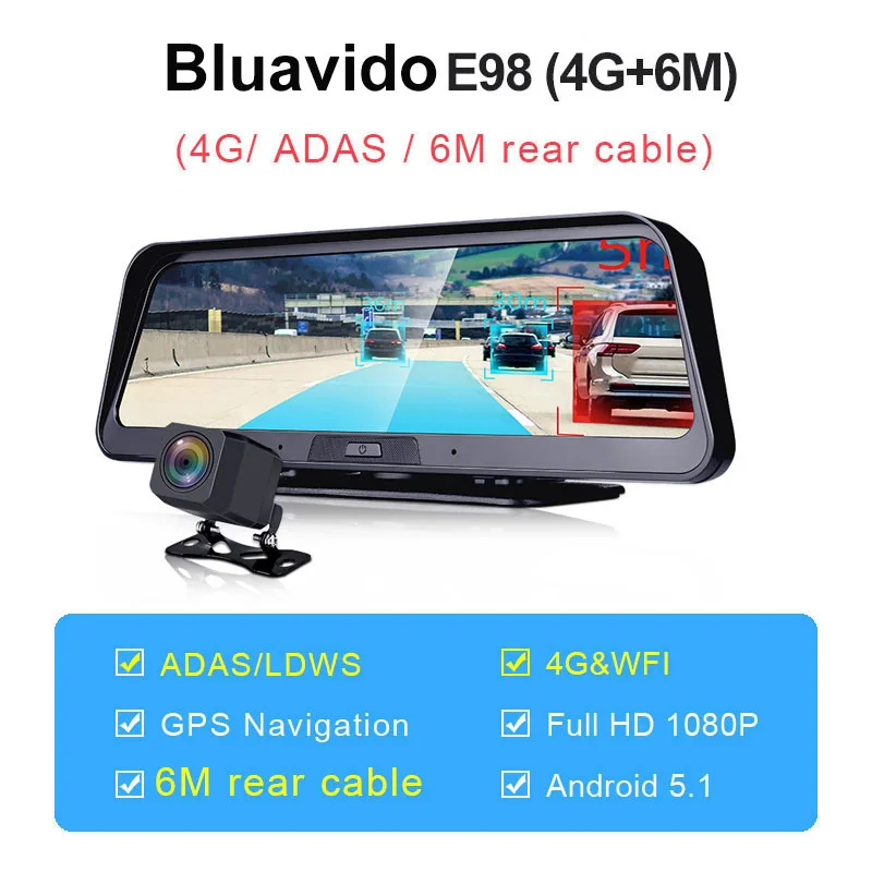 E98-4G-6M Bluavido 1" потоковая 4G ADAS Smart dash cam Android gps навигация FHD 1080P Автомобильное видео Двойная камера WiFi удаленный живой мониторинг - Название цвета: E98-4G-6M