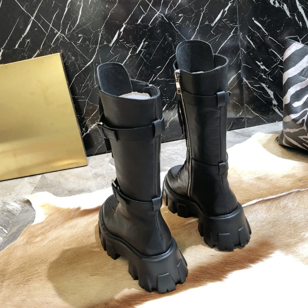 

Winter New Fashion Genuine Leather Plus Velvet Platform Motorcycle Boots Thick-soled Waterproof Women Belt Buckle Mid-calf Boots