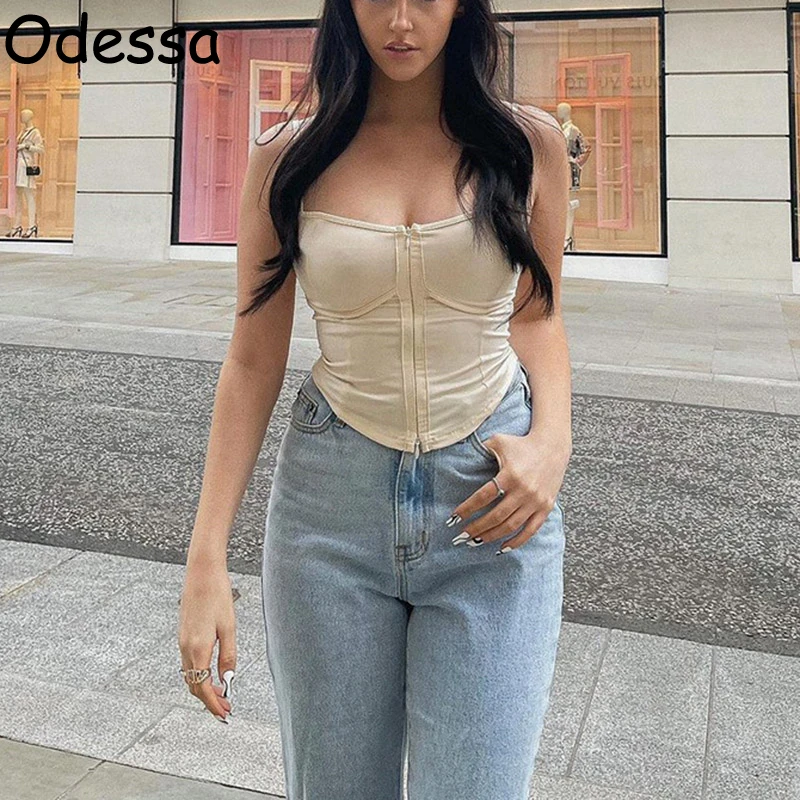 

Odessa Sexy Zipper Camis Cut Corset Top Off Shoulder Y2K Club 2021 Women Bodycon Solid Strap Wrap Short Crop Tops Summer Fashion