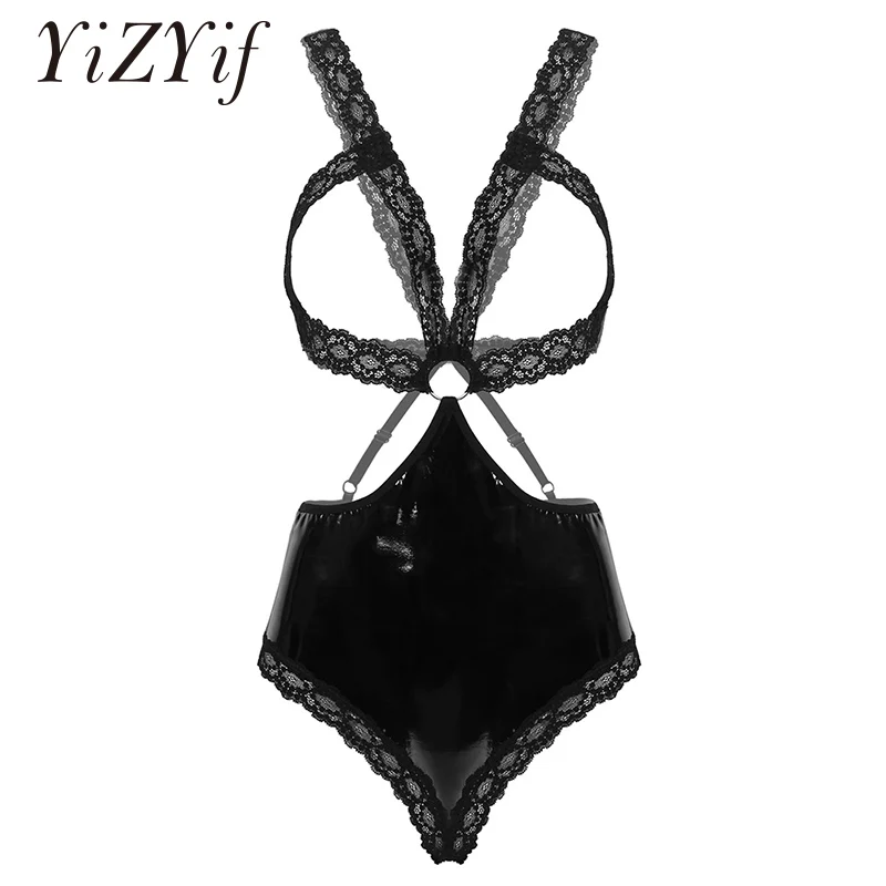 

Women Erotic Lingerie Teddy Bodysuit Floral Lace Open Cups Bra with Patent Leather Spliced Open Butt Bottoms One-piece Nightwear