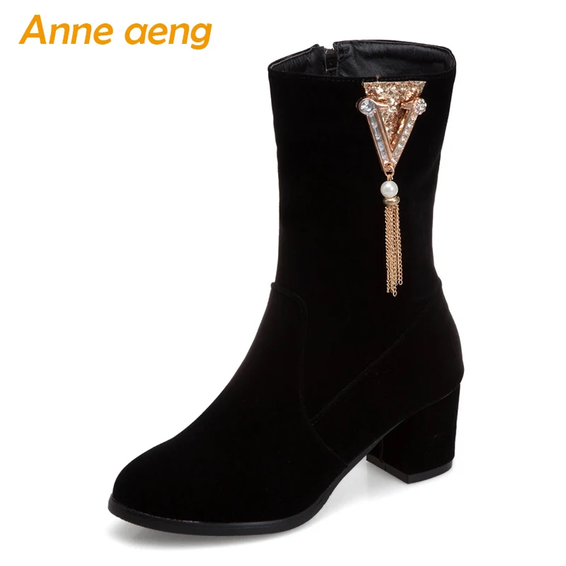 

2019 New Winter Women Ankle Boots High Square Heel Round Toe Zip Metal Fashion Women Shoes Black Short Warm Boots Big Size 33-48