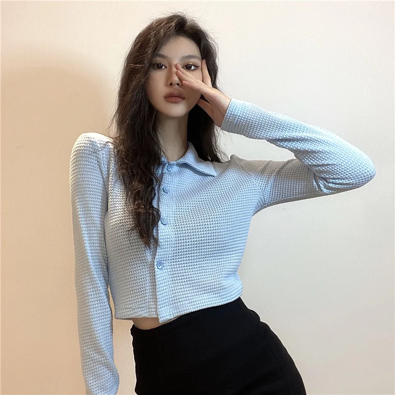 Женский ажурный кардиган, однотонная трикотажная футболка с открытым пупком и длинным рукавом, топ с отворотом