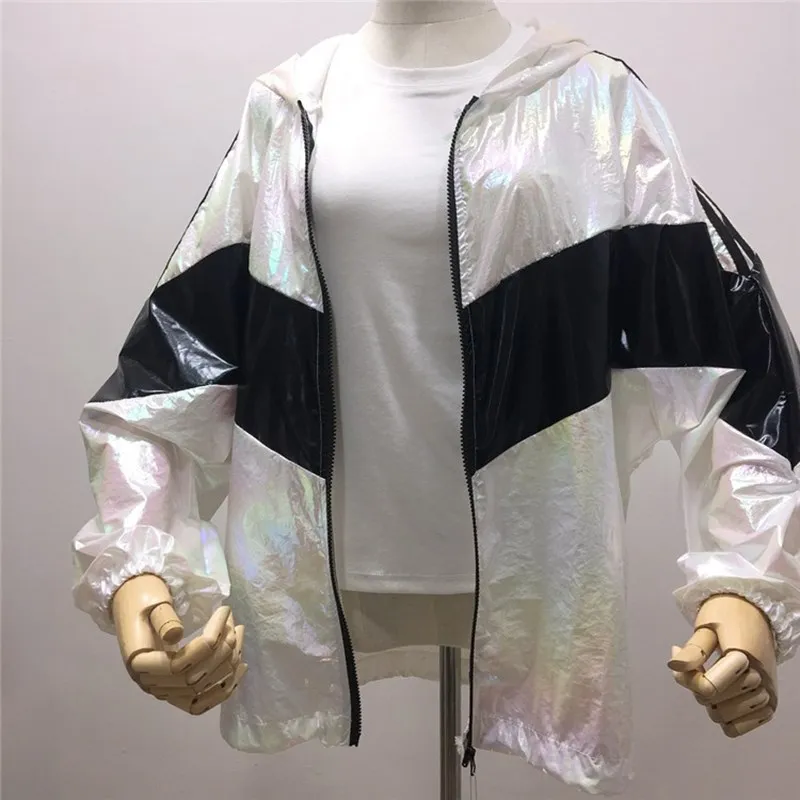 Свободная блестящая куртка Лоскутная Женская Повседневная неоновая с капюшоном