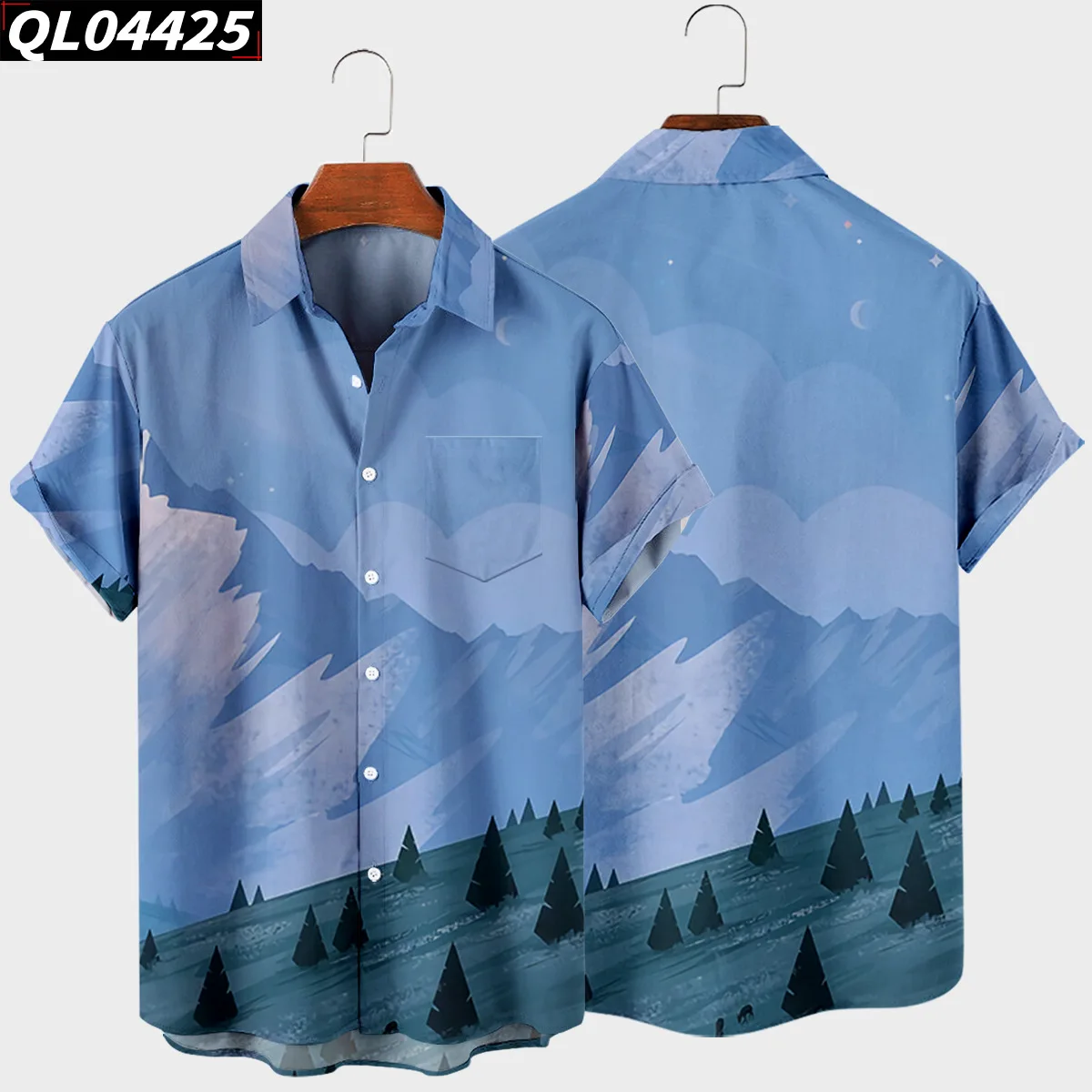 

2021 Men's Turn-down-collar Mountain Peak Print Shirts Men Hawaiian Casual Button Shirts Short-sleeve Beach Blouses Tops