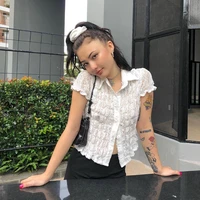 new white lace top ladies lapel short sleeved puff sleeve retro with wooden ears single breasted see through sexy woman t shirts
