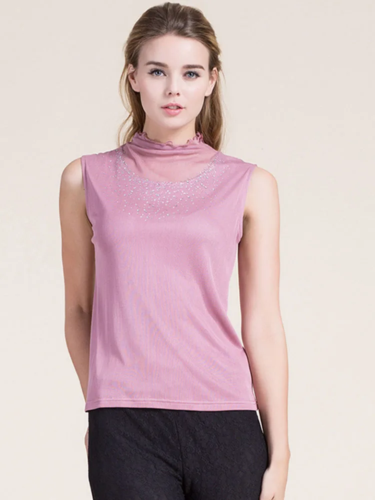 

Футболка женская из шелка тутового шелкопряда, двойная Модная рубашка без рукавов, с кружевом с бриллиантами, Европейская мода, на лето