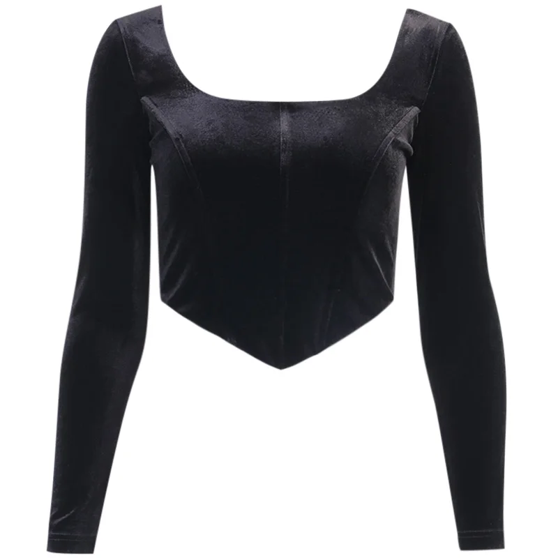 

Instunning Velvet Crop Long Sleeve T-Shirts Women Sexy Irregular Hem Skinny Autumn Winter2020 Square Collar Crop Top Streetwear