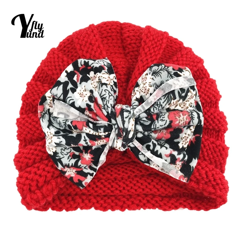 Yundfly estampado Vintage Bowknot sombreros de beb&eacute; del oto&ntilde;o y el invierno de la moda caliente tejer gorras de lana de los ni&ntilde;os sombreros Ropa Decoraci&oacute;n-5