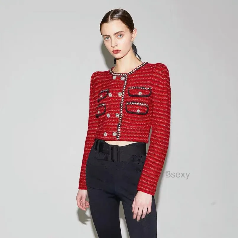 

Runway Cropped Sweater Cardigan 2021 Autumn Round Neck Double Breasted Long Sleeve Red Top Short knitted sweater Jacket Knitwear