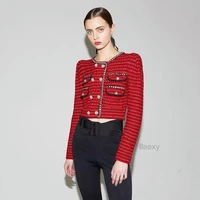 runway cropped sweater cardigan 2021 autumn round neck double breasted long sleeve red top short knitted sweater jacket knitwear