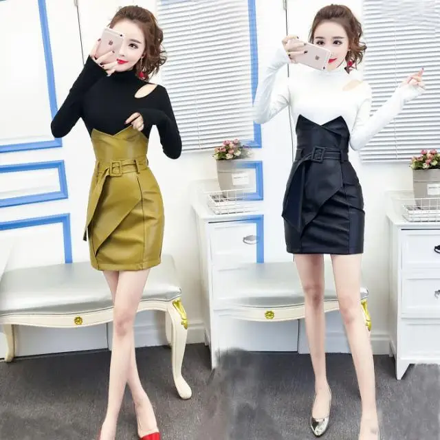 

Women 2021 Spring Autumn New Off Shoulder Long Sleeve Tops + Mini High Waist Pencil Skirt Suits Female Casual 2 Piece Set D297